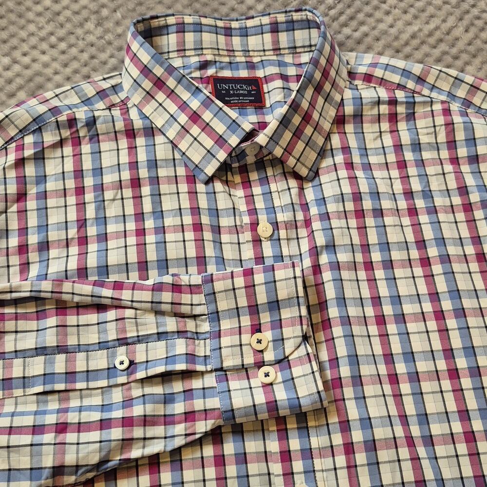 UNTUCKit Performance Button Up Shirt Men XL Pin Oak Plaid Reg Fit Stretch Wickin